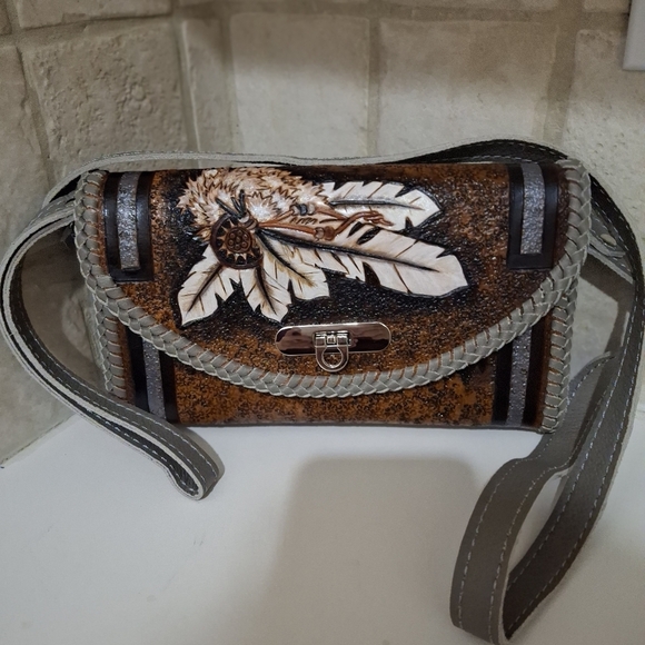 Tooled Carved Faux Leather Boho Wristlet Bag - Picture 1 of 10